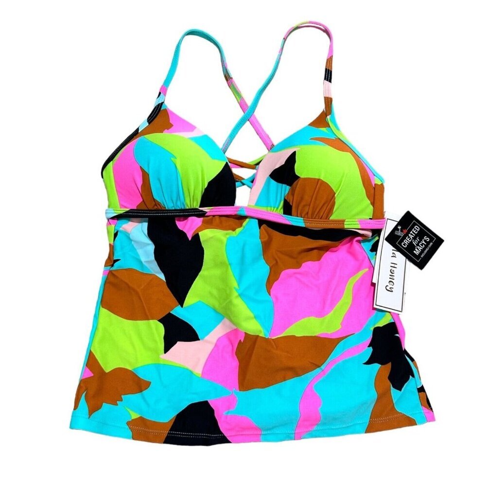 Hula Honey Womens Size S Floral Camo Strappy Tankini Swim Top Aqua Multi NEW NWT